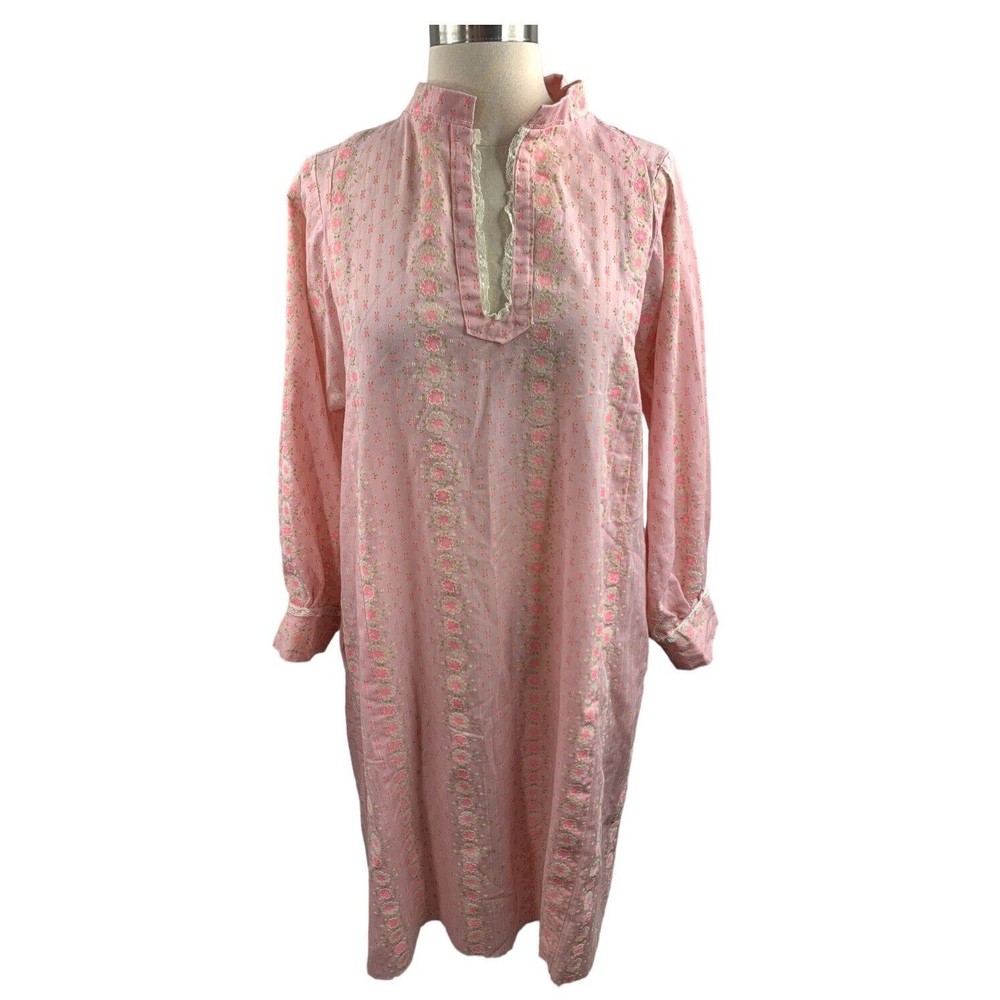 Vintage 60’s 70’s  Flower Power Floral Pink  Nightgown Dress Long Sleeve Lace